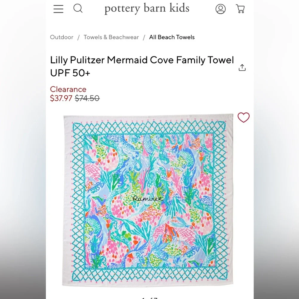 NWOT Lilly Pulitzer Mermaid Cove Family Towel UPF 50+